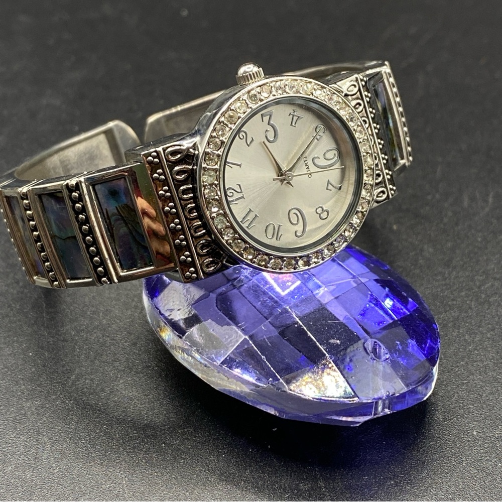 ACCUTIME Abalone Shell Inlay Silvertone Women's Watch Hinged Clamper